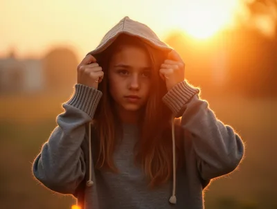 Young Girl Wearing A Hoodie At Sunset