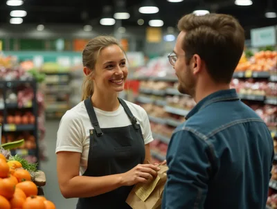 Friendly Grocery Store Clerk Assisting A Customer