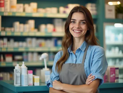 Friendly Female Pharmacist Standing In A Pharmacy