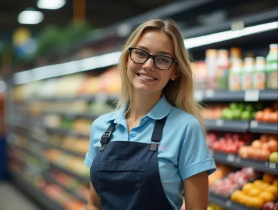 Smiling Female Grocery Store Employee In Produce Aisle