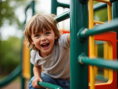 Happy Toddler Playing On Playground Climbing Frame
