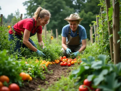 Two Women Harvesting Fresh Tomatoes In A Garden