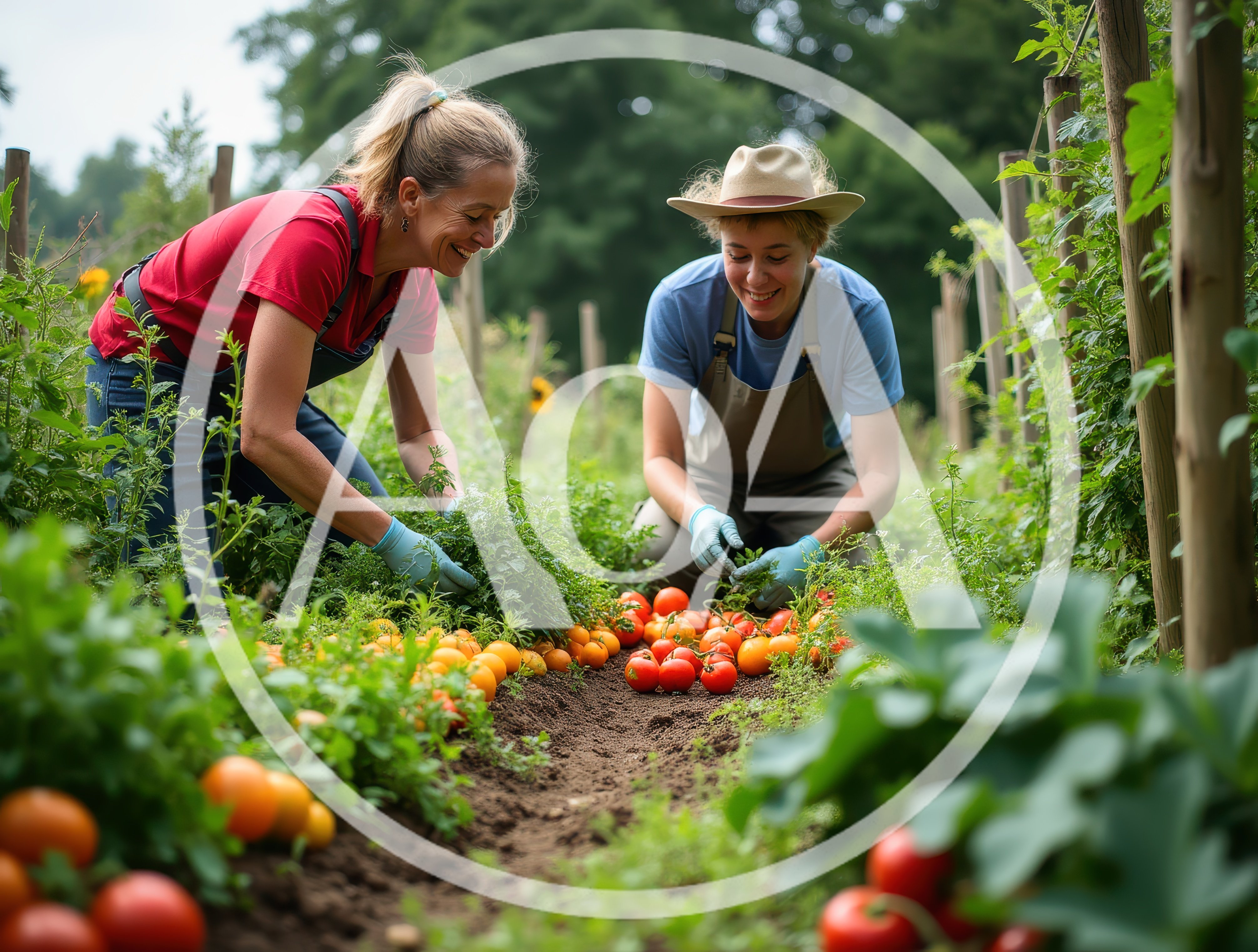 Two Women Harvesting Fresh Tomatoes In A Garden