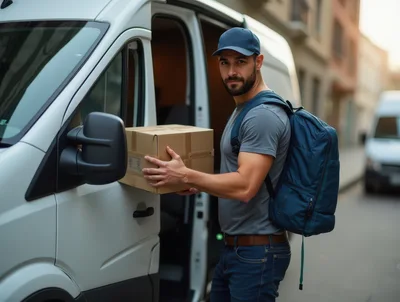 Delivery Driver Holding Package By White Van