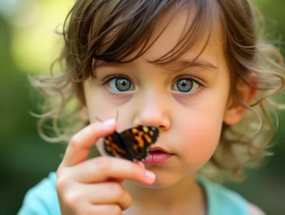 Young Child Holding A Butterfly Near Her Face