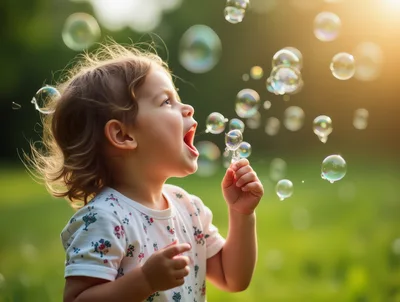 Toddler Girl Blowing Bubbles in a Sunny Park