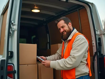 Delivery Driver Scanning Packages In A Van