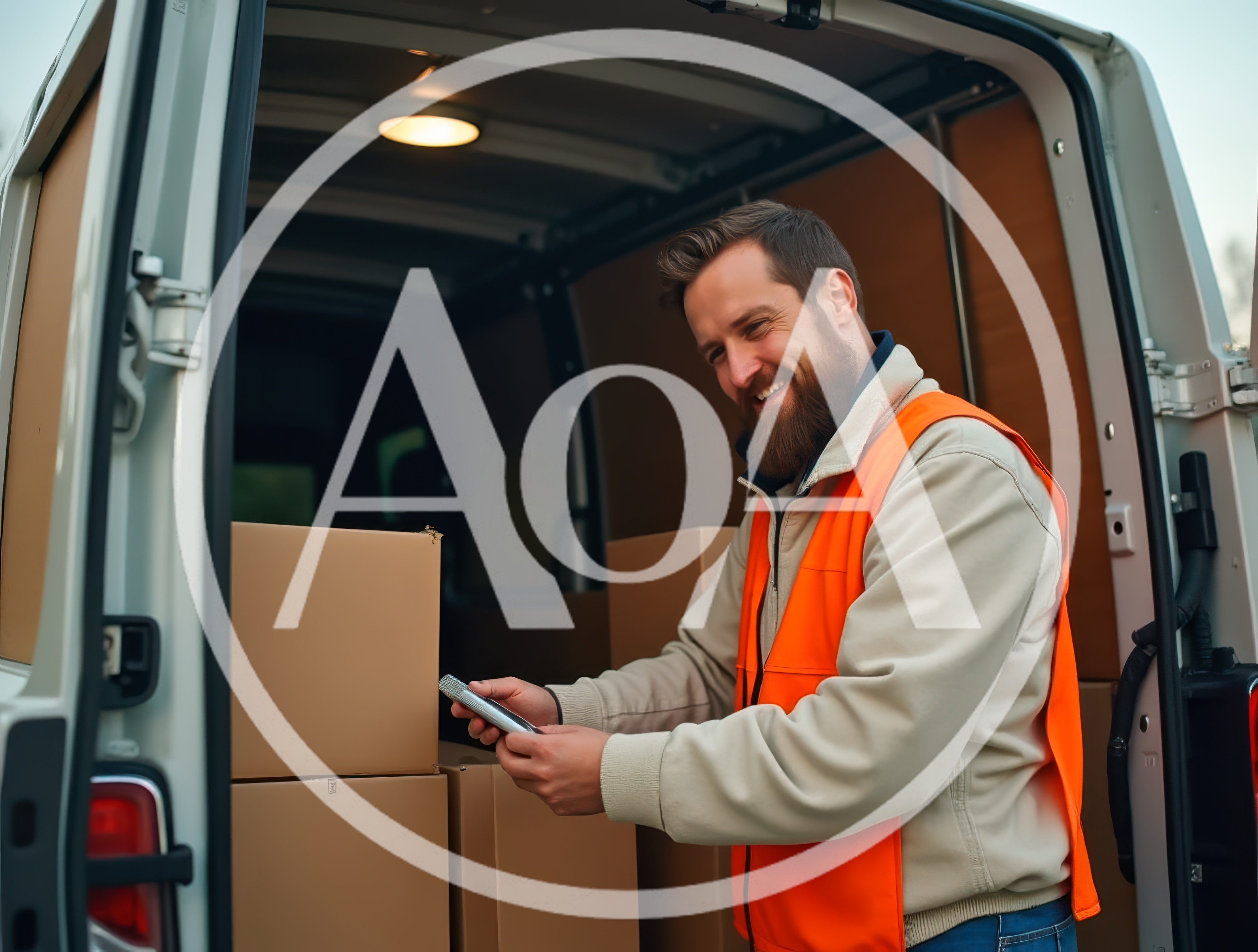 Delivery Driver Scanning Packages In A Van