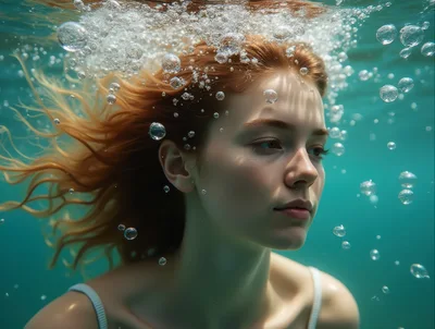 Young Woman Swimming Underwater With Bubbles