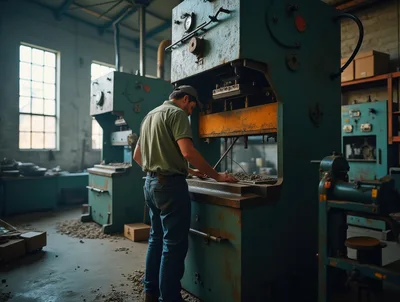 Factory Worker Operating Industrial Metal Press Machine