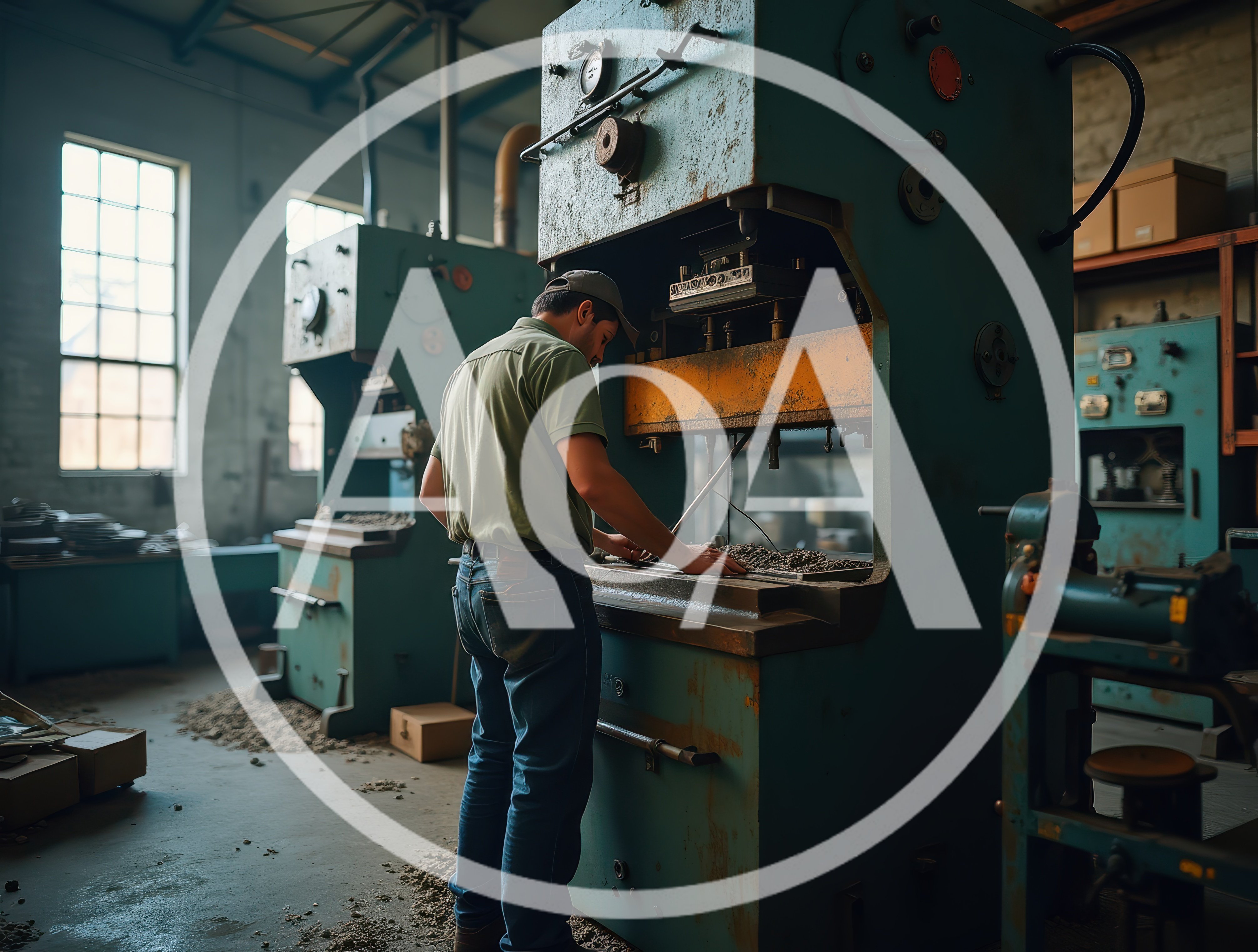 Factory Worker Operating Industrial Metal Press Machine
