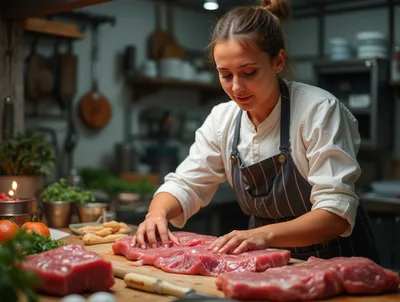 Professional Chef Preparing Raw Beef Steaks In Kitchen