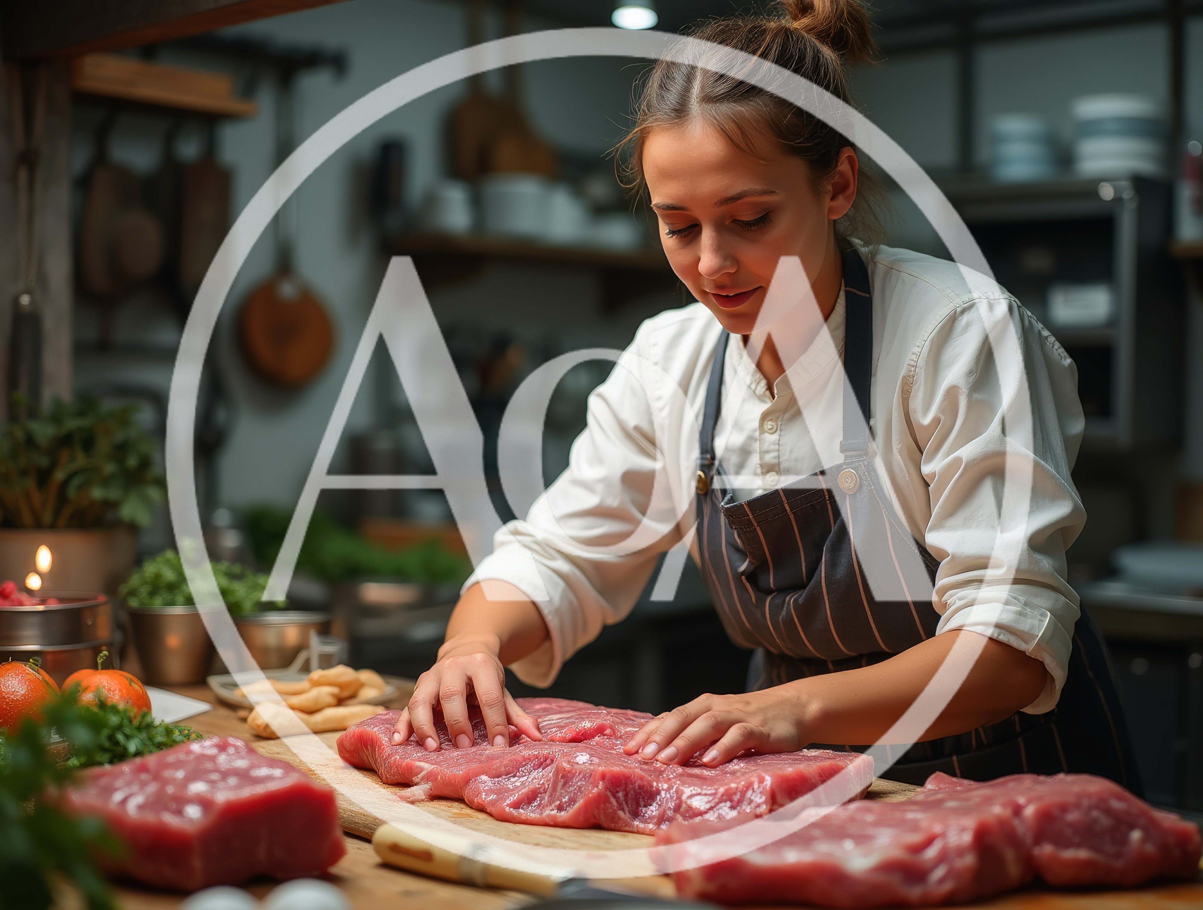 Professional Chef Preparing Raw Beef Steaks In Kitchen