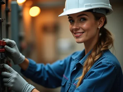 Female Electrician Operating Industrial Control Panel