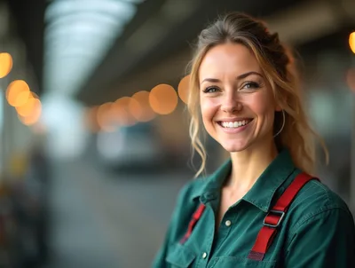Smiling Young Woman Wearing Green Shirt Outdoors