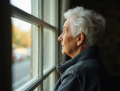 Elderly Woman Looking Out Of A Window