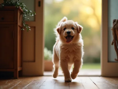 Happy Golden Retriever Puppy Running Indoors