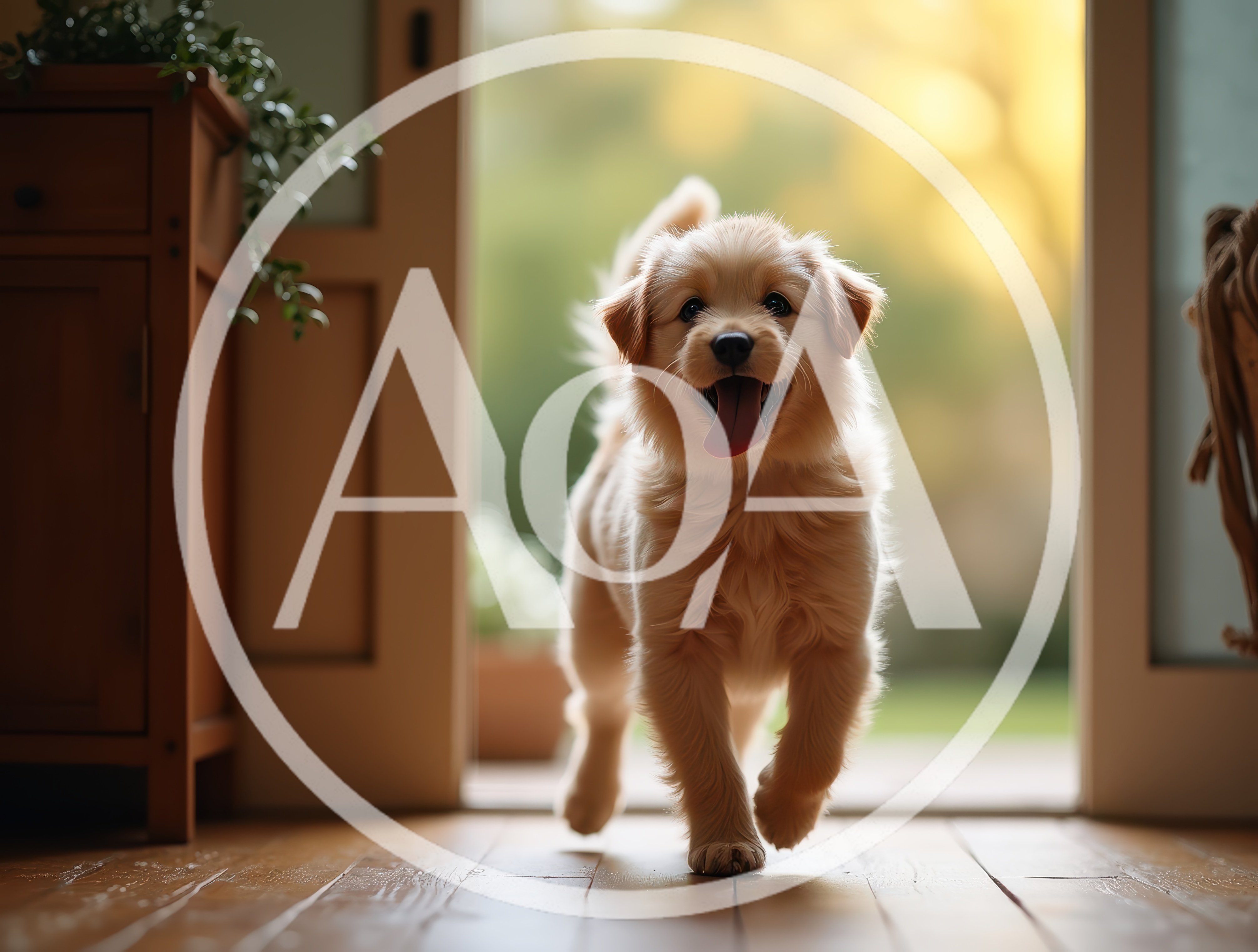 Happy Golden Retriever Puppy Running Indoors
