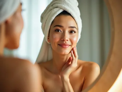 Young Woman Applying Skincare Cream In Mirror