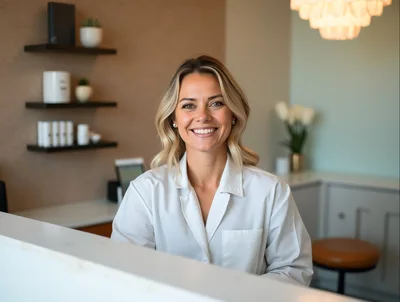 Friendly Female Receptionist Smiling At Medical Spa Desk