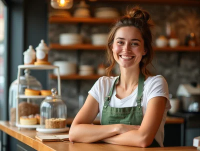 Smiling Female Barista Standing Behind Cafe Counter