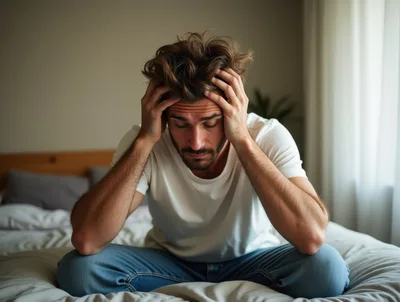 Stressed Man Sitting On Bed With Head In Hands