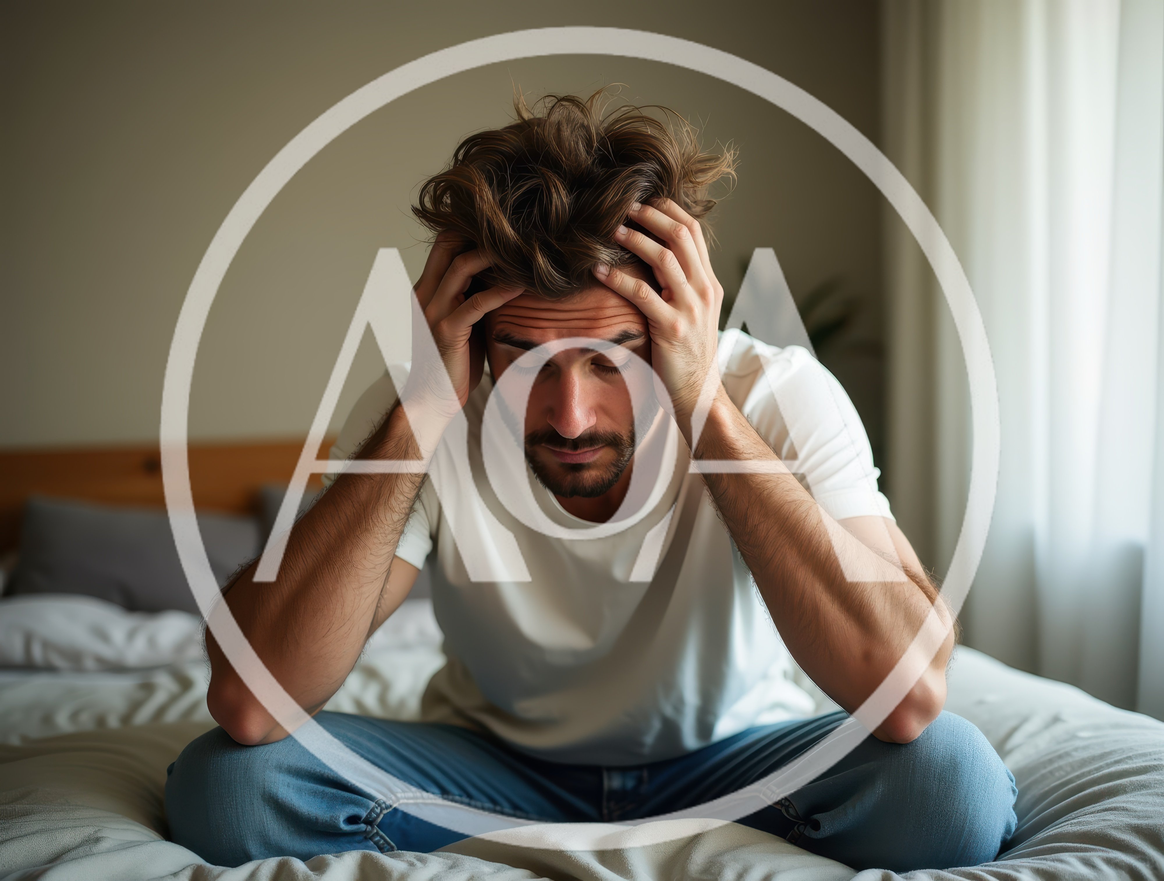 Stressed Man Sitting On Bed With Head In Hands