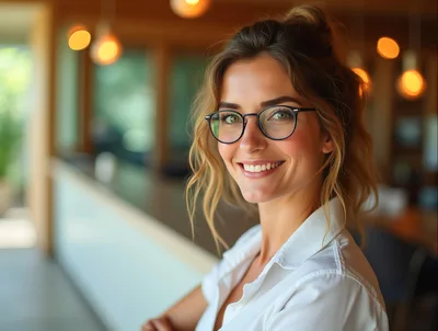 Smiling Professional Woman Wearing Glasses In A Modern Office