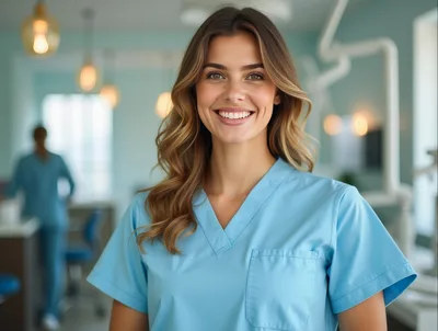 Smiling Female Dental Hygienist In A Modern Clinic