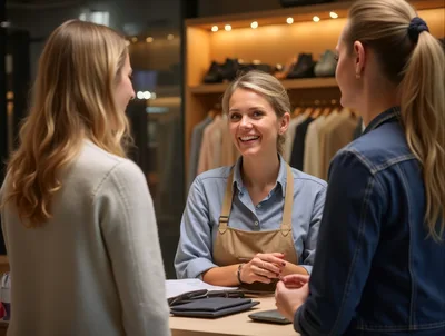 Friendly Sales Associate Assisting Customers In Clothing Store