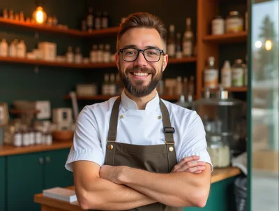 Smiling Male Barista Standing In A Coffee Shop