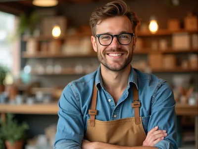 Smiling Male Barista Wearing Apron In Coffee Shop