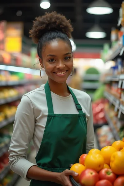 Smiling Grocery Store Employee Holding Fresh Fruit