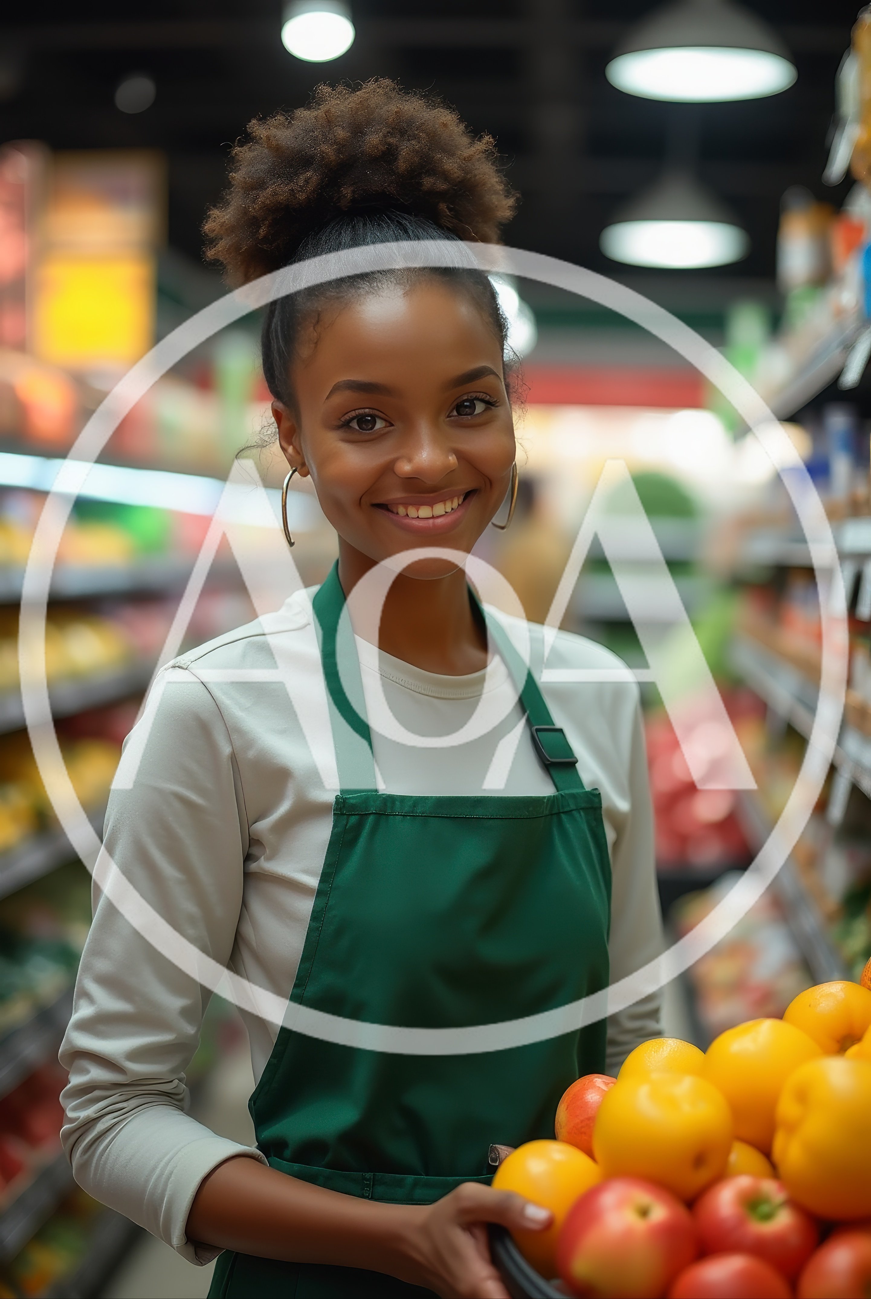 Smiling Grocery Store Employee Holding Fresh Fruit