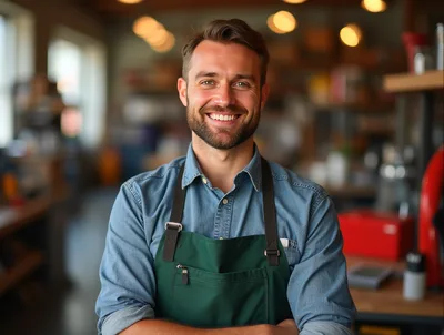 Smiling Male Barista Wearing Green Apron In Coffee Shop