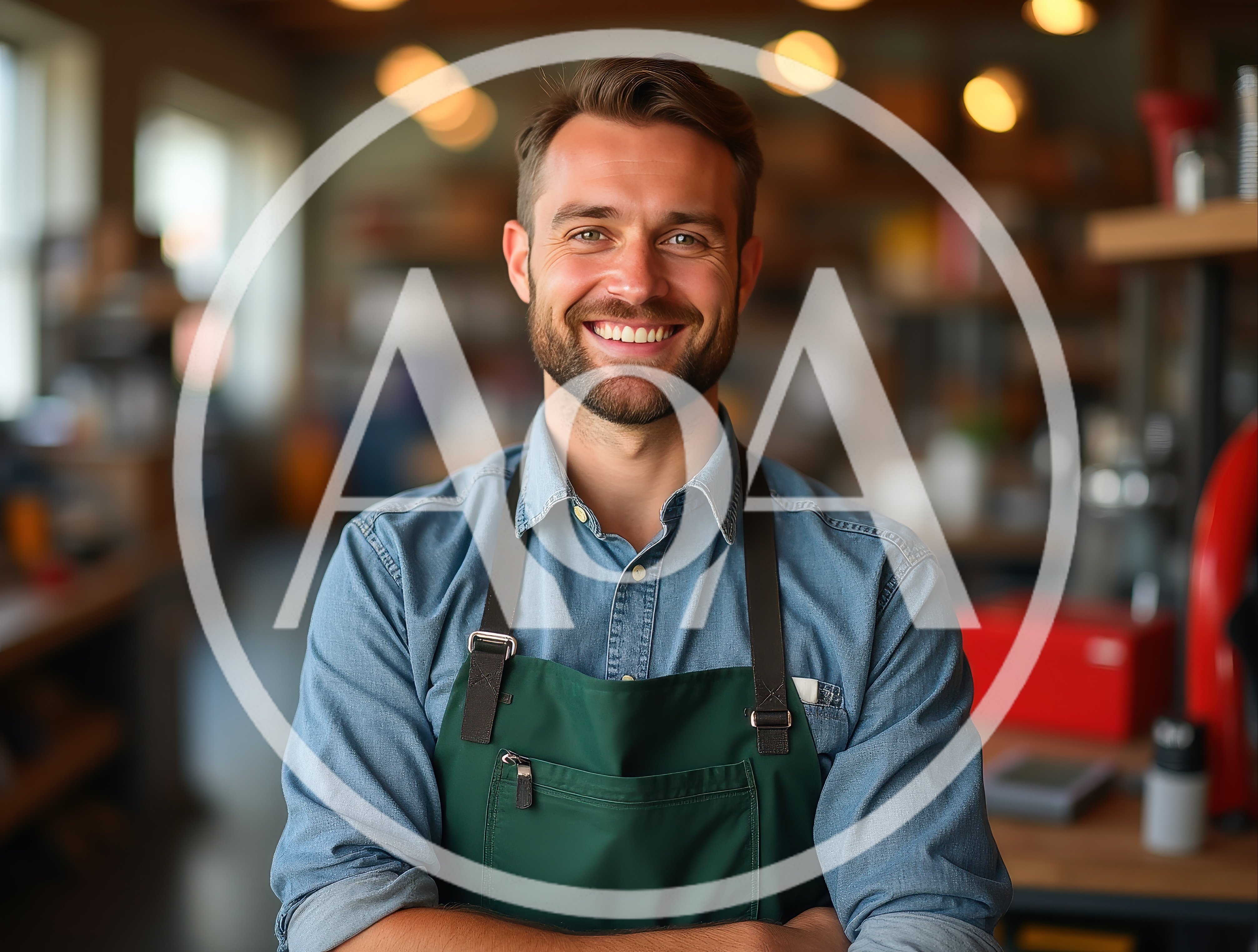Smiling Male Barista Wearing Green Apron In Coffee Shop