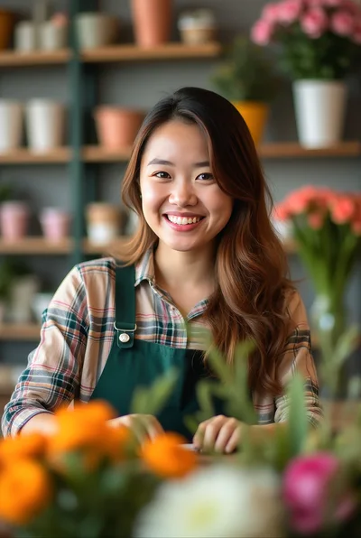 Smiling Asian Florist Working In A Flower Shop
