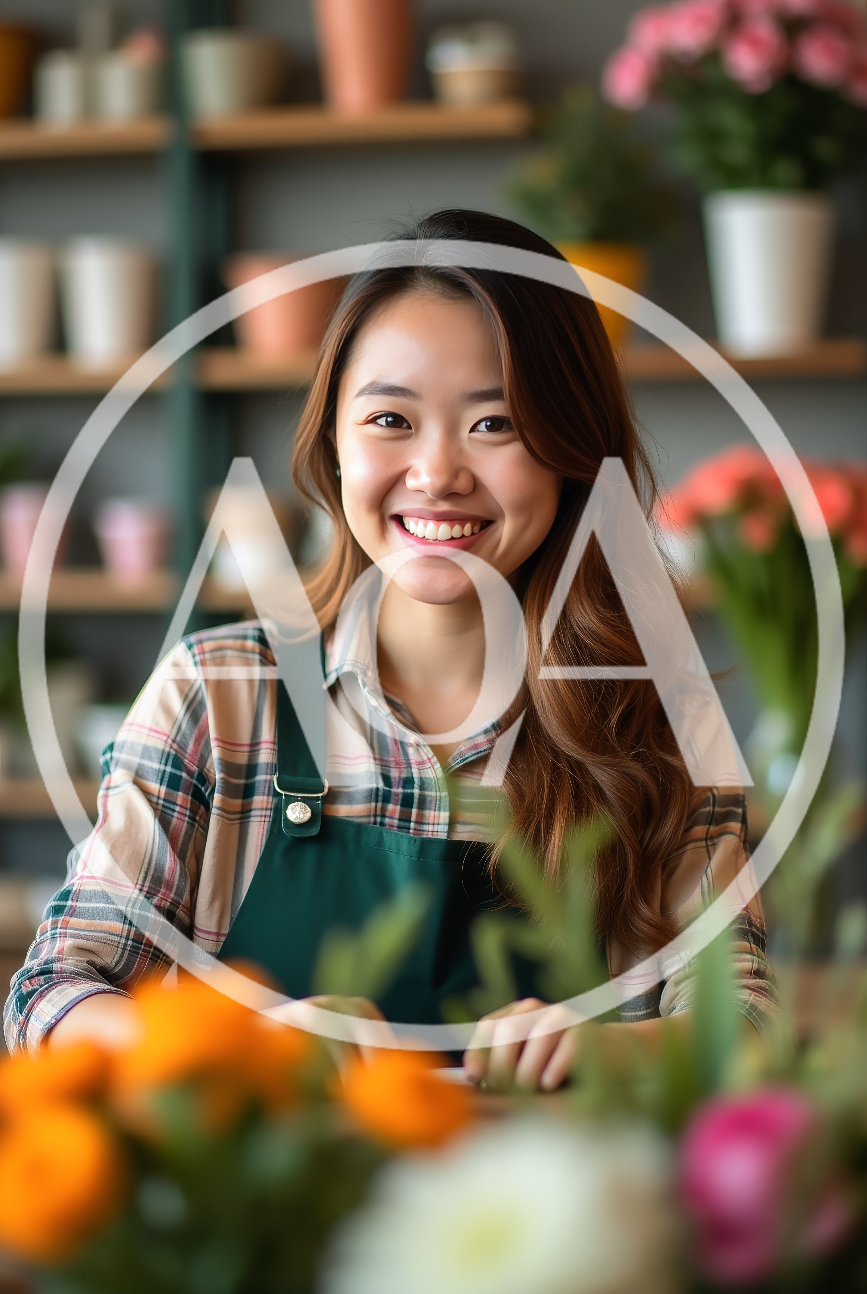 Smiling Asian Florist Working In A Flower Shop