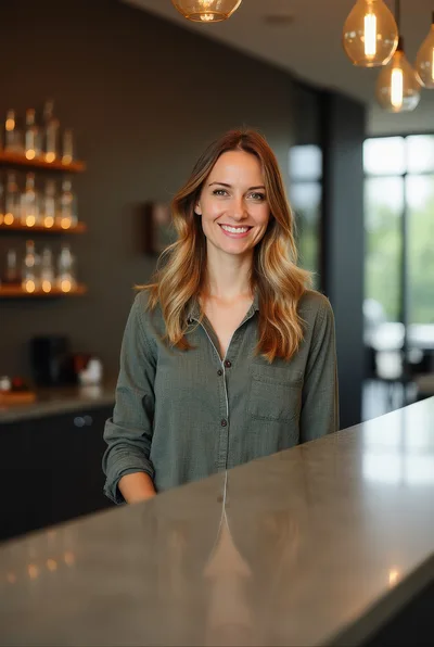 Smiling Female Barista Standing Behind A Modern Cafe Counter