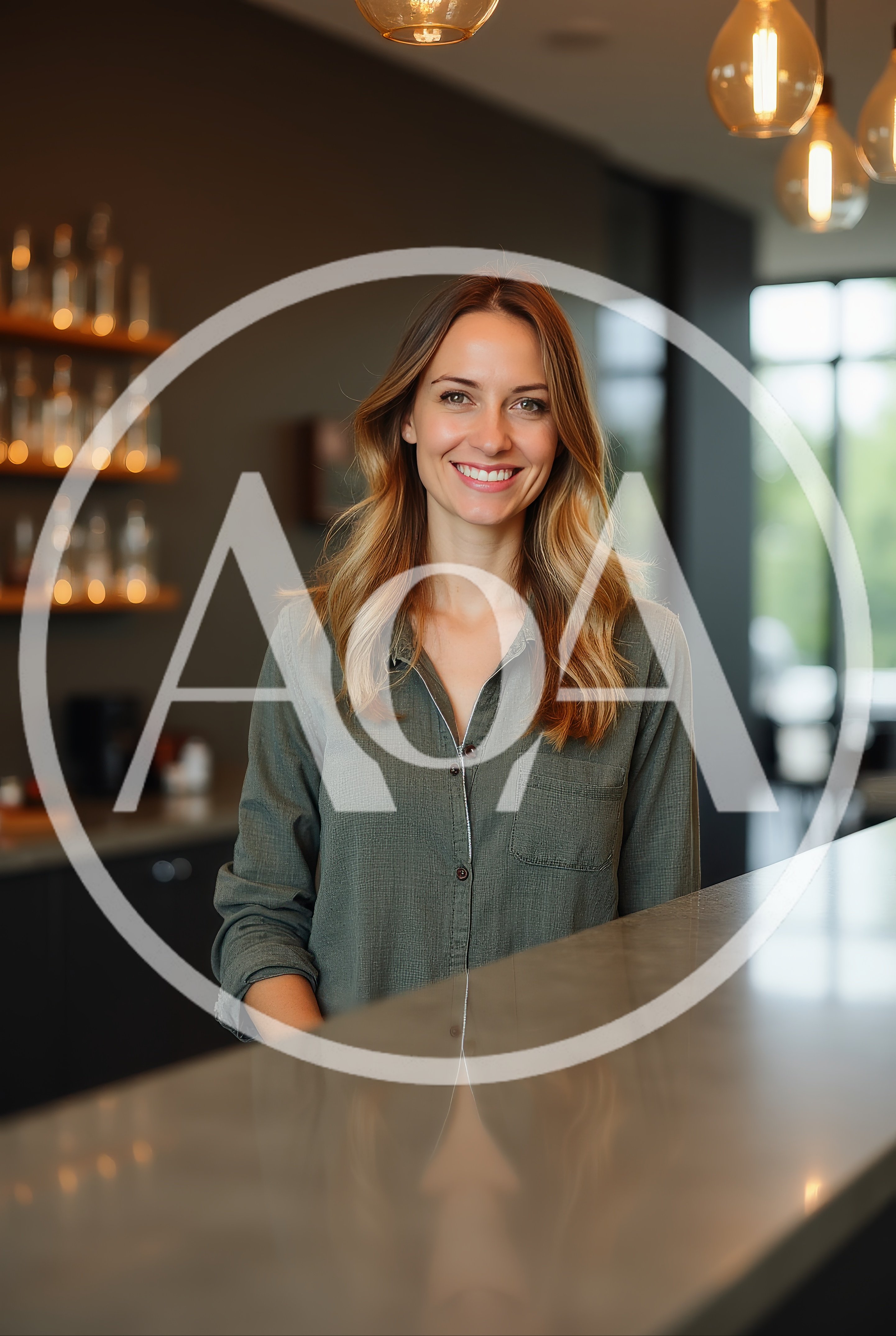 Smiling Female Barista Standing Behind A Modern Cafe Counter