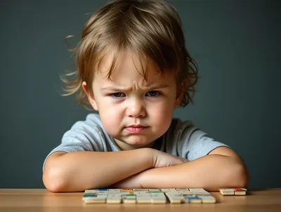 Angry Toddler Sitting At Table With Puzzle Pieces