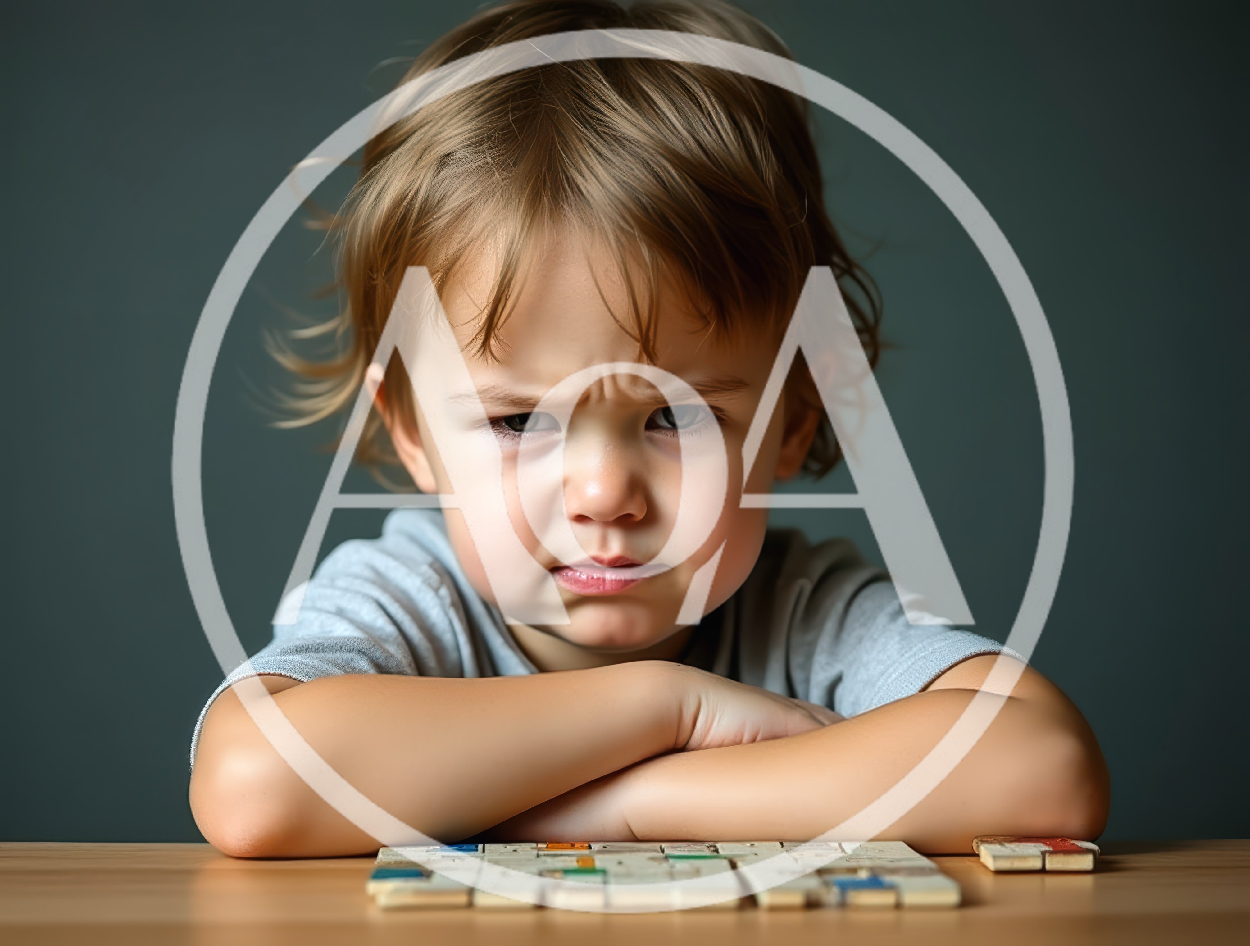 Angry Toddler Sitting At Table With Puzzle Pieces