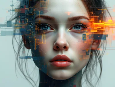 Digital Human Face With Cybernetic Circuitry Overlay