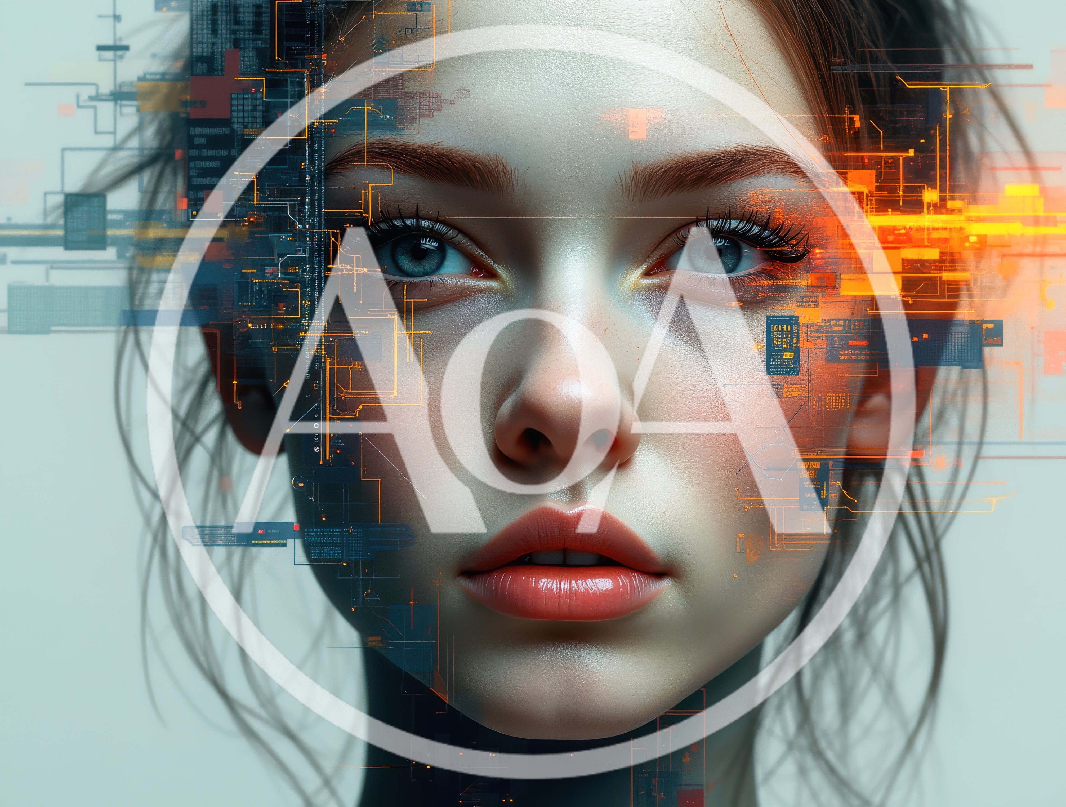 Digital Human Face With Cybernetic Circuitry Overlay