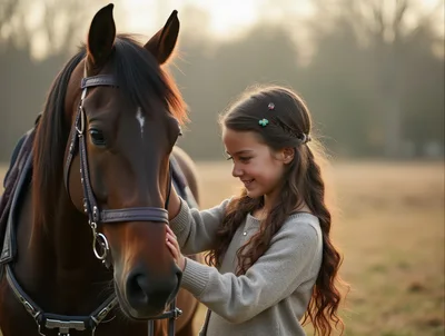 Young Girl Gently Petting Her Horse Outdoors