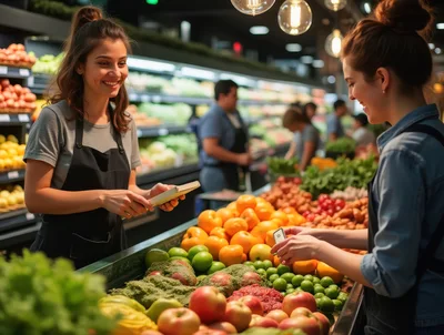 Two Female Grocery Store Employees Working In Produce Section