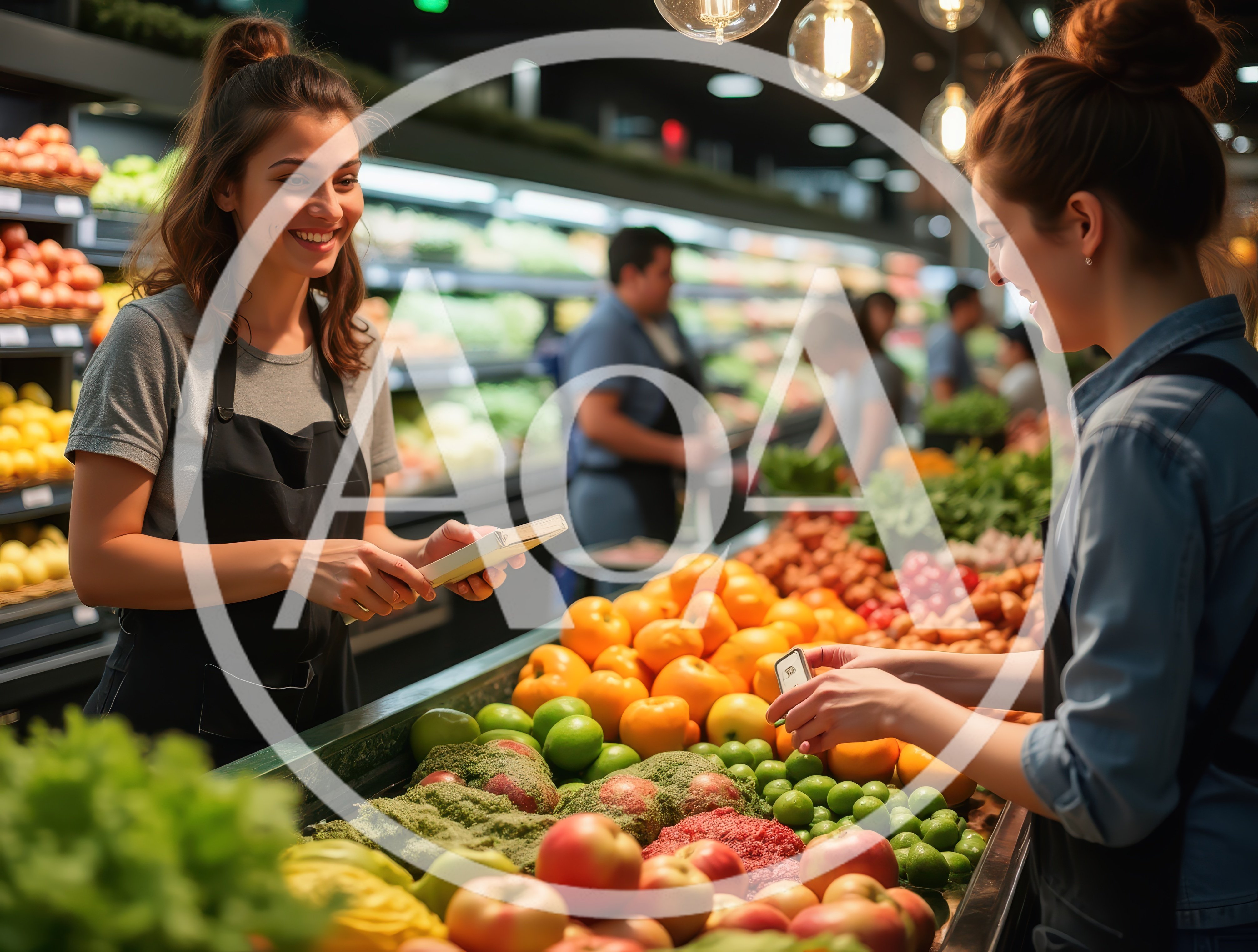 Two Female Grocery Store Employees Working In Produce Section