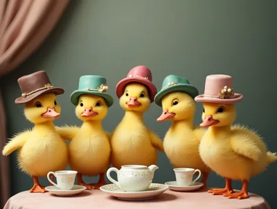 Five Cute Ducklings Wearing Hats Having Tea