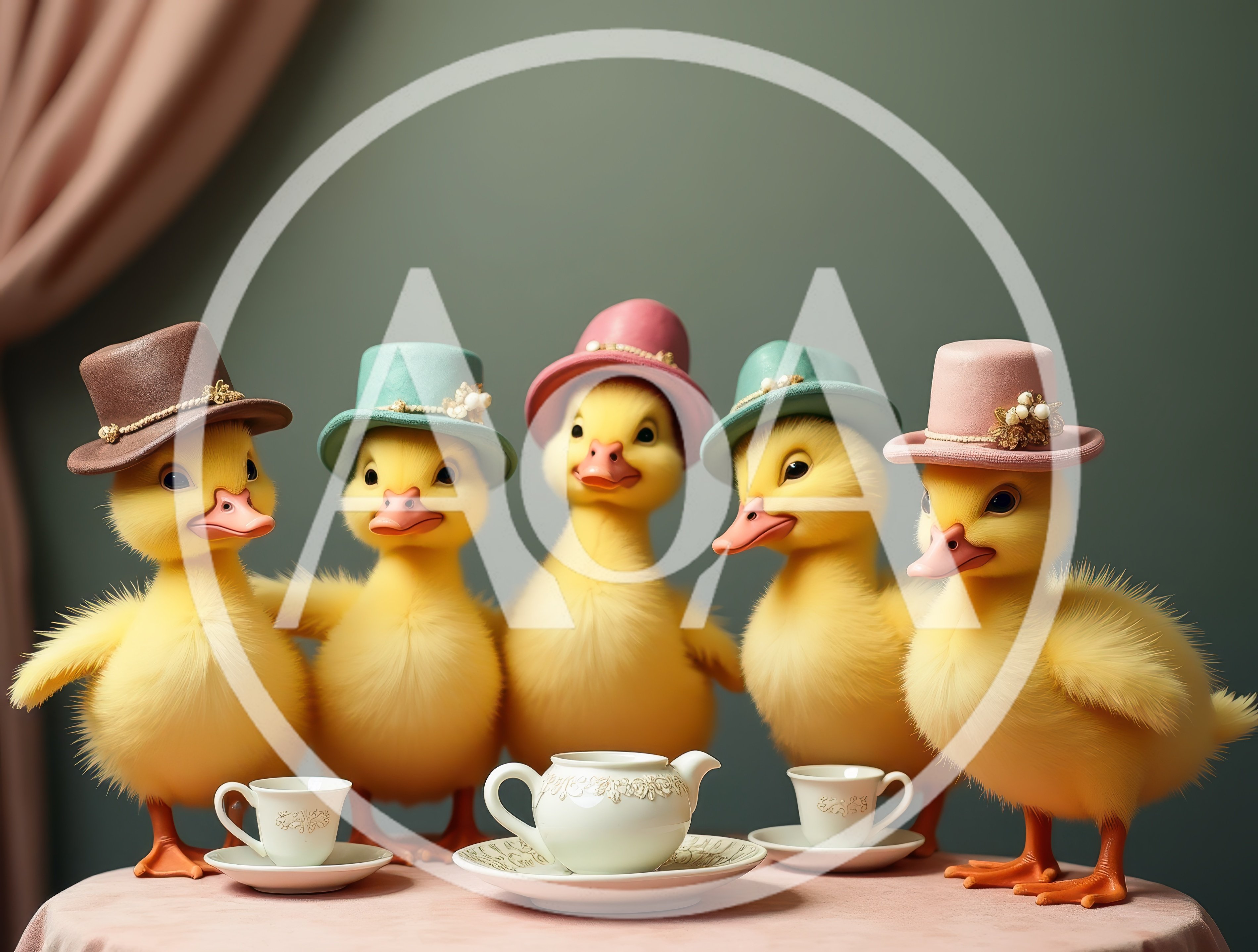 Five Cute Ducklings Wearing Hats Having Tea