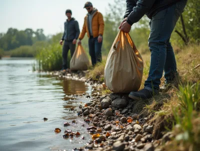 Volunteers Cleaning Trash Along A Riverbank